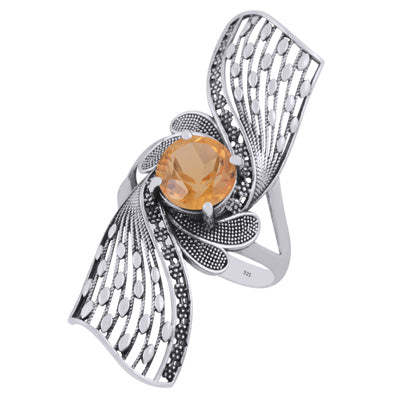 Stunning Oxidised Jali Work Around Citrine Round Shape 925 Sterling Solid Silver Ring - R1002463-2