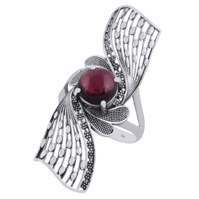 Stunning Oxidised Jali Work Around Garnet Round Shape 925 Sterling Solid Silver Ring - R1002463-4