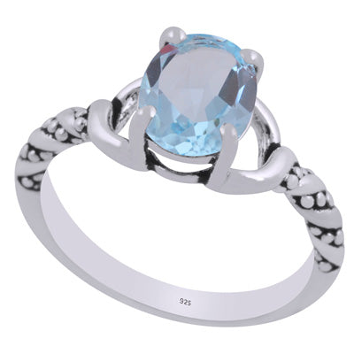 Stunning Oxidised Handcrafted Work Around Blue Topaz Oval Shape 925 Sterling Solid Silver Ring - R1002464-5