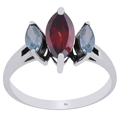 Stunning Multicolour Gemstones Studded Garnet,Blue Topaz Marquise Shape 925 Sterling Solid Silver Ring - R1002476-2