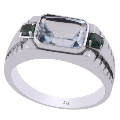 Gorgeous Stone Studded Work Around Blue Topaz,Green Corundum Rectangle,Round Shape 925 Sterling Solid Silver Ring - R1002478-51
