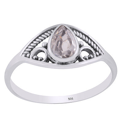 Alluring Rawa & Twisted Wire Work Pattern Around White Cubic Zirconia Pear Shape 925 Sterling Solid Silver Ring - R1002484-13