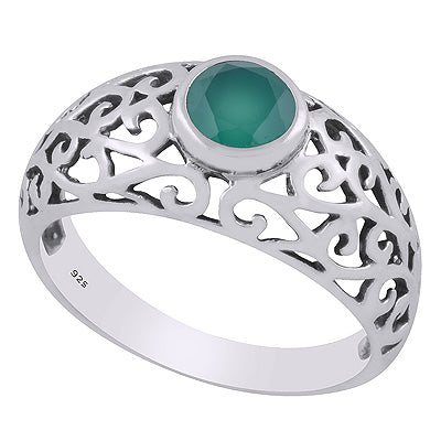 Alluring Handcrafted Jali Work Around Green Onyx Round Shape 925 Sterling Solid Silver Ring - R1002488-10