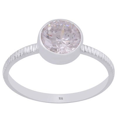 Beautifully Handcrafted Textured Shank Around White Cubic Zirconia Round Shape 925 Sterling Solid Silver Ring - R1002491-13