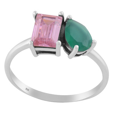Stunning Multicolour Gemstones Studded Pink Cubic Zirconia,Green Onyx Rectangle,Pear Shape 925 Sterling Solid Silver Ring - R1002506-46