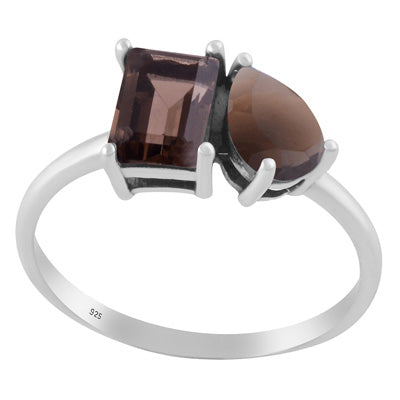 Stunning Multicolour Gemstones Studded Smoky Topaz Rectangle,Pear Shape 925 Sterling Solid Silver Ring - R1002506-6