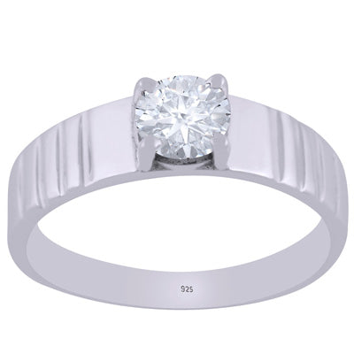 Alluring Textured Shank Around Moissanite Round Shape 925 Sterling Solid Silver Ring - R1002512-1