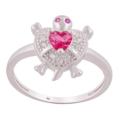 Alluring Turtle Cz Gemstone Studded Around Cubic Zirconia Heart,Round Shape 925 Sterling Solid Silver Ring - R1002527-28