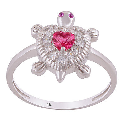 Alluring Turtle Cz Gemstone Studded Around Cubic Zirconia Heart,Round Shape 925 Sterling Solid Silver Ring - R1002527-30