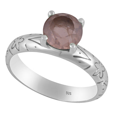 Alluring Prong Seated Gemstone Rose Quartz Round Shape 925 Sterling Solid Silver Ring - R1002532-12
