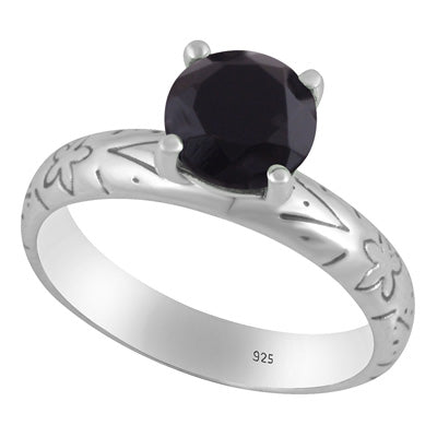 Alluring Prong Seated Gemstone Black Onyx Round Shape 925 Sterling Solid Silver Ring - R1002532-13