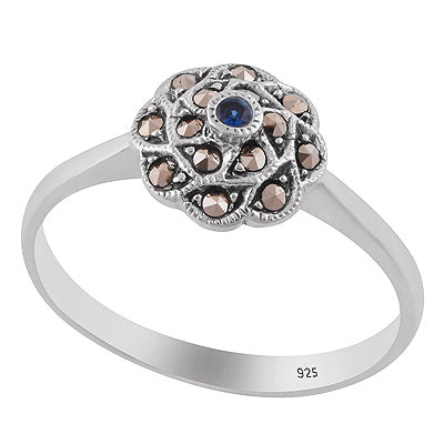 Stunning Oxdised Flower Patter Around Marcasite,Cubic Zirconia Round Shape 925 Sterling Solid Silver Ring - R1002536-3