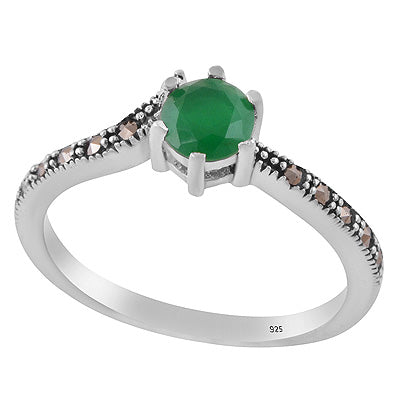 Stunning Oxidised Work Around Marcasite,Green Onyx Round Shape 925 Sterling Solid Silver Ring - R1002537-2