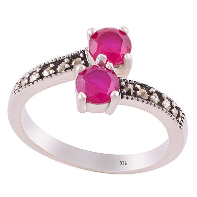 Alluring Oxidised Work Around Marcasite,Red Corundum Round Shape 925 Sterling Solid Silver Ring - R1002538-1