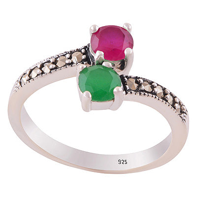 Alluring Oxidised Work Around Marcasite,Red Corundum,Green Onyx Round Shape 925 Sterling Solid Silver Ring - R1002538-3