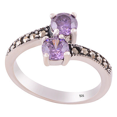 Alluring Oxidised Work Around Marcasite,Cubic Zirconia Round Shape 925 Sterling Solid Silver Ring - R1002538-4