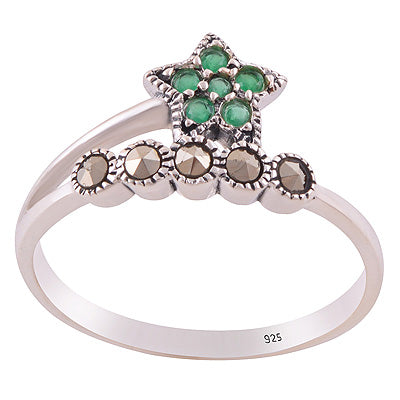 Gorgeous Oxdised Star Patter Around Marcasite,Green Onyx Round Shape 925 Sterling Solid Silver Ring - R1002539-2