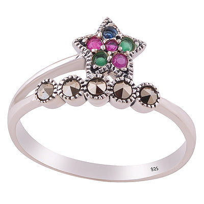 Gorgeous Oxdised Star Patter Around Marcasite,Red Corundum,Green Onyx,Cubic Zirconia Round Shape 925 Sterling Solid Silver Ring - R1002539-3