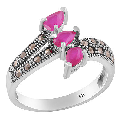 Stunning Oxdised Gemstone Studded Around Marcasite,Red Corundum Pear,Round Shape 925 Sterling Solid Silver Ring - R1002540-1