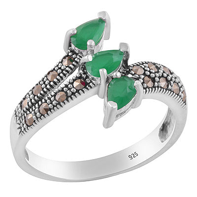 Stunning Oxdised Gemstone Studded Around Marcasite,Green Onyx Pear,Round Shape 925 Sterling Solid Silver Ring - R1002540-2