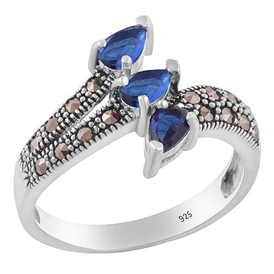 Stunning Oxdised Gemstone Studded Around Marcasite,Cubic Zirconia Pear,Round Shape 925 Sterling Solid Silver Ring - R1002540-4