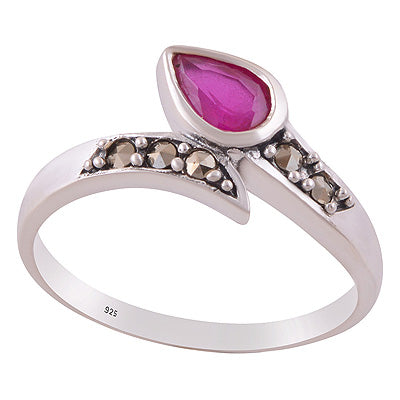 Beautiful Oxdised Patter Around Marcasite,Red Corundum Pear,Round Shape 925 Sterling Solid Silver Ring - R1002541-1