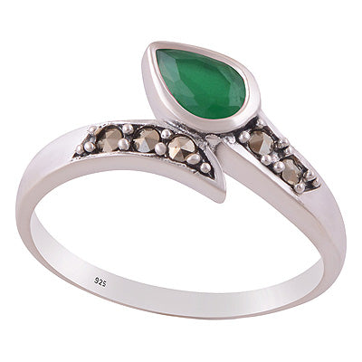 Beautiful Oxdised Patter Around Marcasite,Green Onyx Pear,Round Shape 925 Sterling Solid Silver Ring - R1002541-2