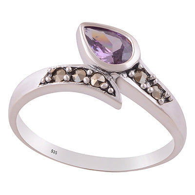 Beautiful Oxdised Patter Around Marcasite,Cubic Zirconia Pear,Round Shape 925 Sterling Solid Silver Ring - R1002541-3