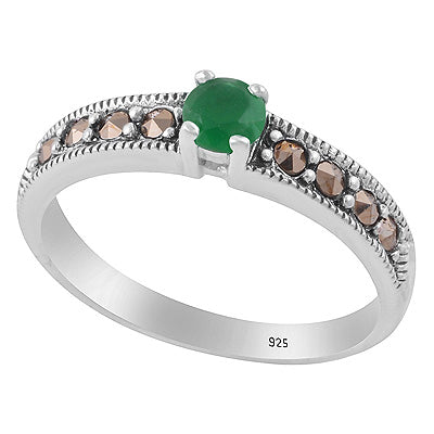 Gorgeous Gemstone Studded Around Marcasite,Green Onyx Round Shape 925 Sterling Solid Silver Ring - R1002542-2