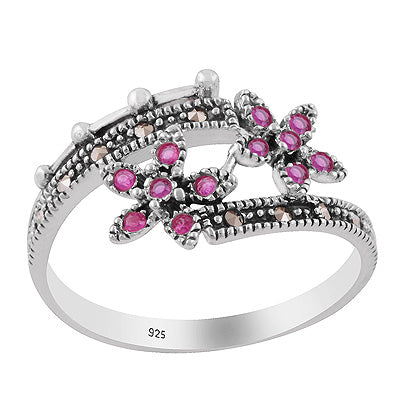 Beautiful Flower Studded w/ Gemstones Marcasite,Red Corundum Round Shape 925 Sterling Solid Silver Ring - R1002544-1