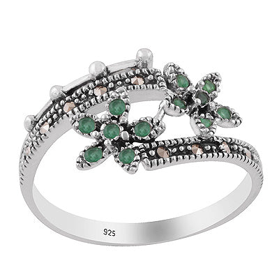 Beautiful Flower Studded w/ Gemstones Marcasite,Green Onyx Round Shape 925 Sterling Solid Silver Ring - R1002544-2