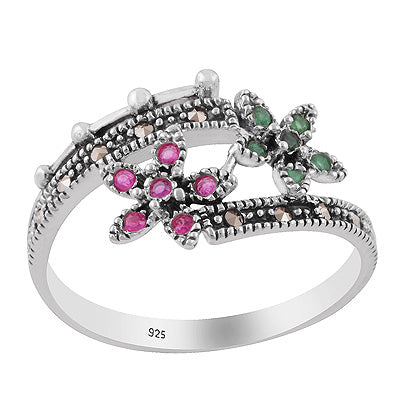 Beautiful Flower Studded w/ Gemstones Marcasite,Red Corundum,Green Onyx Round Shape 925 Sterling Solid Silver Ring - R1002544-3