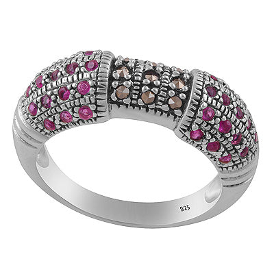Gorgeous Multicolored Studded Gemstone Marcasite,Red Corundum Round Shape 925 Sterling Solid Silver Ring - R1002545-1