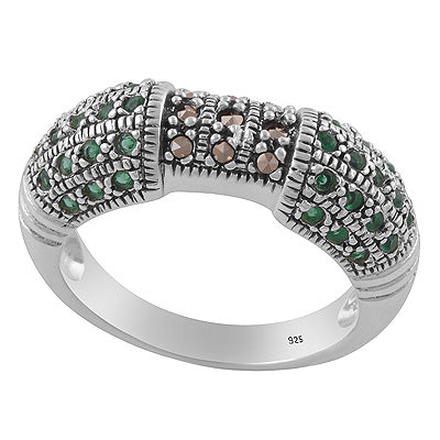 Gorgeous Multicolored Studded Gemstone Marcasite,Green Onyx Round Shape 925 Sterling Solid Silver Ring - R1002545-2