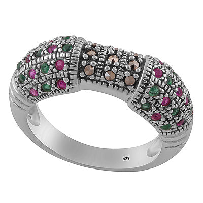 Gorgeous Multicolored Studded Gemstone Marcasite,Red Corundum,Green Onyx Round Shape 925 Sterling Solid Silver Ring - R1002545-3