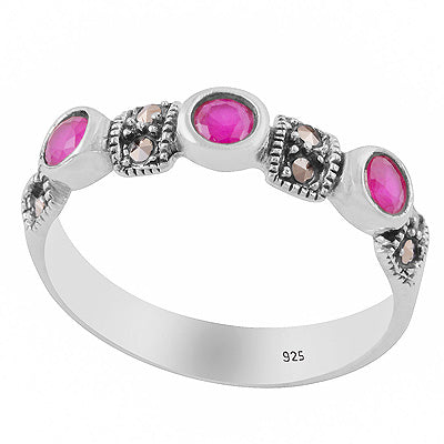 Stunning Multiple Studded Gemstones Marcasite,Red Corundum Round Shape 925 Sterling Solid Silver Ring - R1002546-1