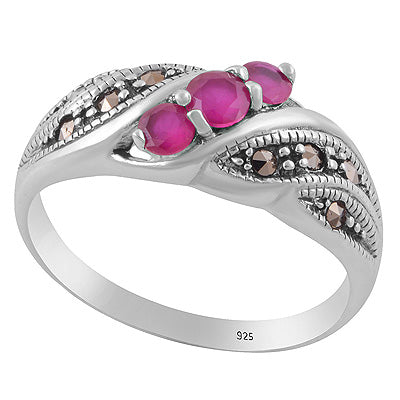 Beautiful Design Studded Gemstone Marcasite,Red Corundum Round Shape 925 Sterling Solid Silver Ring - R1002547-1