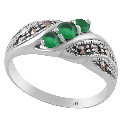 Beautiful Design Studded Gemstone Marcasite,Green Onyx Round Shape 925 Sterling Solid Silver Ring - R1002547-2