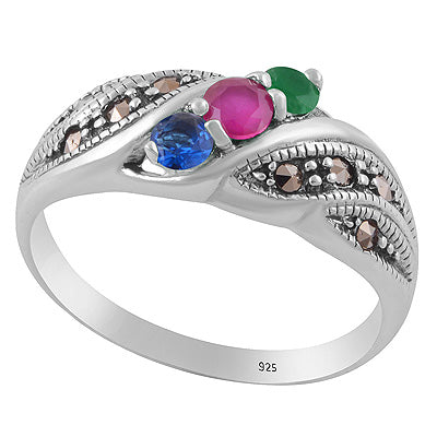 Beautiful Design Studded Gemstone Marcasite,Red Corundum,Green Onyx,Cubic Zirconia Round Shape 925 Sterling Solid Silver Ring - R1002547-3