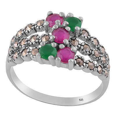 Gorgeous studded w/ Gemstones Marcasite,Red Corundum,Green Onyx Round Shape 925 Sterling Solid Silver Ring - R1002548-3