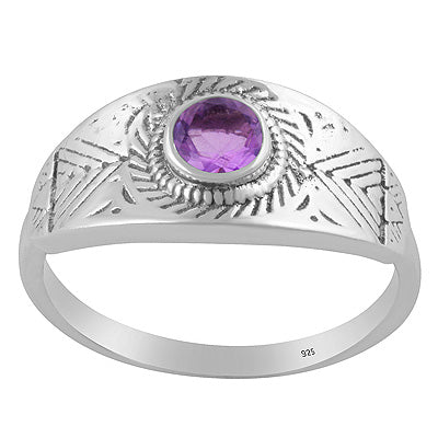 Gorgeous Texture Patterns Around Amethyst Round Shape 925 Sterling Solid Silver Ring - R1002553-1