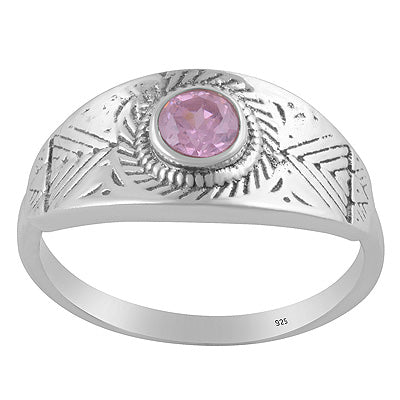 Gorgeous Texture Patterns Around Pink Cubic Zirconia Round Shape 925 Sterling Solid Silver Ring - R1002553-14