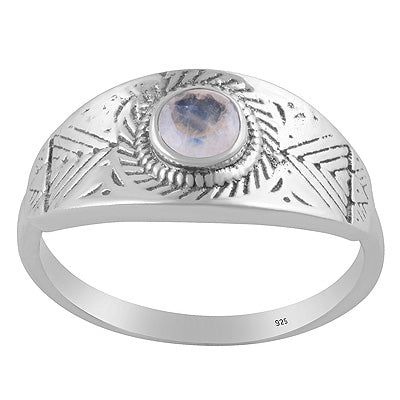 Gorgeous Texture Patterns Around Rainbow Moonstone Round Shape 925 Sterling Solid Silver Ring - R1002553-5
