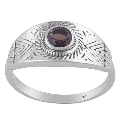 Gorgeous Texture Patterns Around Smoky Topaz Round Shape 925 Sterling Solid Silver Ring - R1002553-7