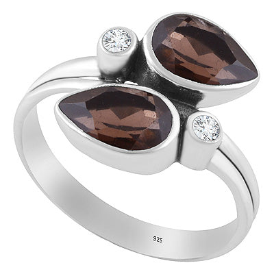 Alluring Multiple Gemstones Smoky Topaz,White Cubic Zirconia Pear,Round Shape 925 Sterling Solid Silver Ring - R1002554-7