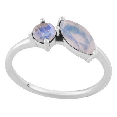 Gorgeous Multiple Gemstones Rainbow Moonstone Marquise,Round Shape 925 Sterling Solid Silver Ring - R1002555-5