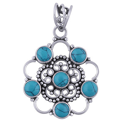 Stunning Rawa & Wire Work Around Turquoise Round Shape 925 Sterling Solid Silver Pendant - R101398-89