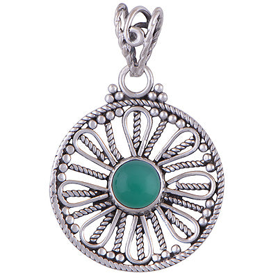 Stunning Rawa & Wire Work Around Green Onyx Round Shape 925 Sterling Solid Silver Pendant - R101400-27
