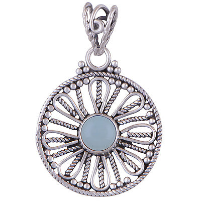 Stunning Rawa & Wire Work Around Aqua Chalcedony Round Shape 925 Sterling Solid Silver Pendant - R101400-29