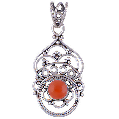 Beautiful Handwork Around Carnelian Round Shape 925 Sterling Solid Silver Pendant - R101401-26